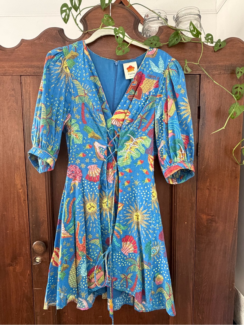 FARM Rio Ocean Stories Blue Puff Sleeve Mini Dress S